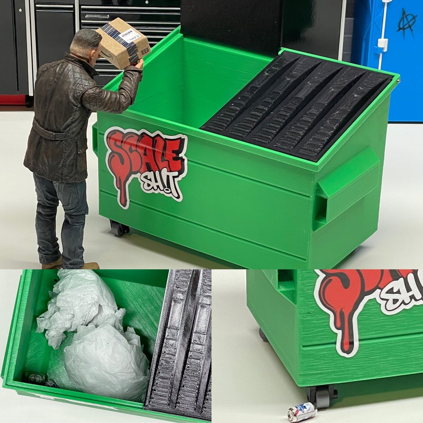 1/10 Scale "Mini MegaDump 6000" Trash Dumpster w/Working Casters, Rubberized Lids and True Scale Sizing